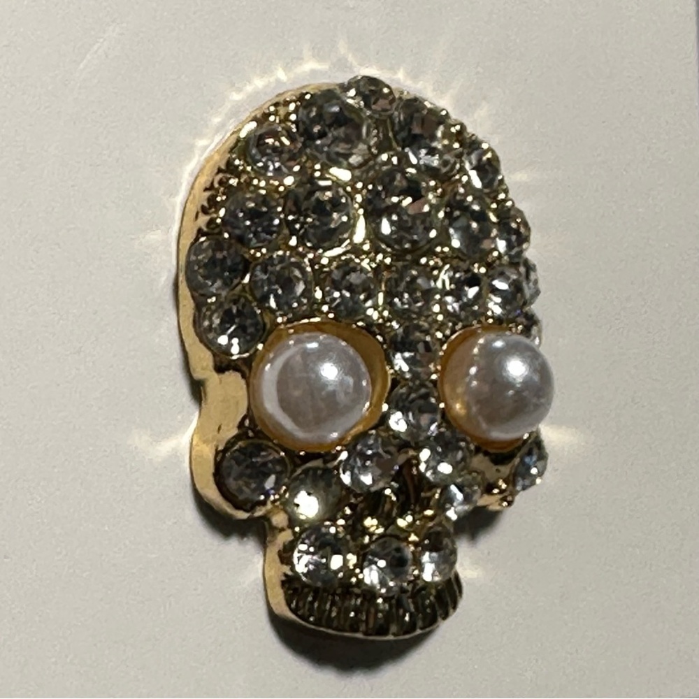 Glam Crystal Pearl Gold Skull Brooch Pin Sparkly Rhinestone Lapel Jacket Hat NWT - Picture 4 of 11